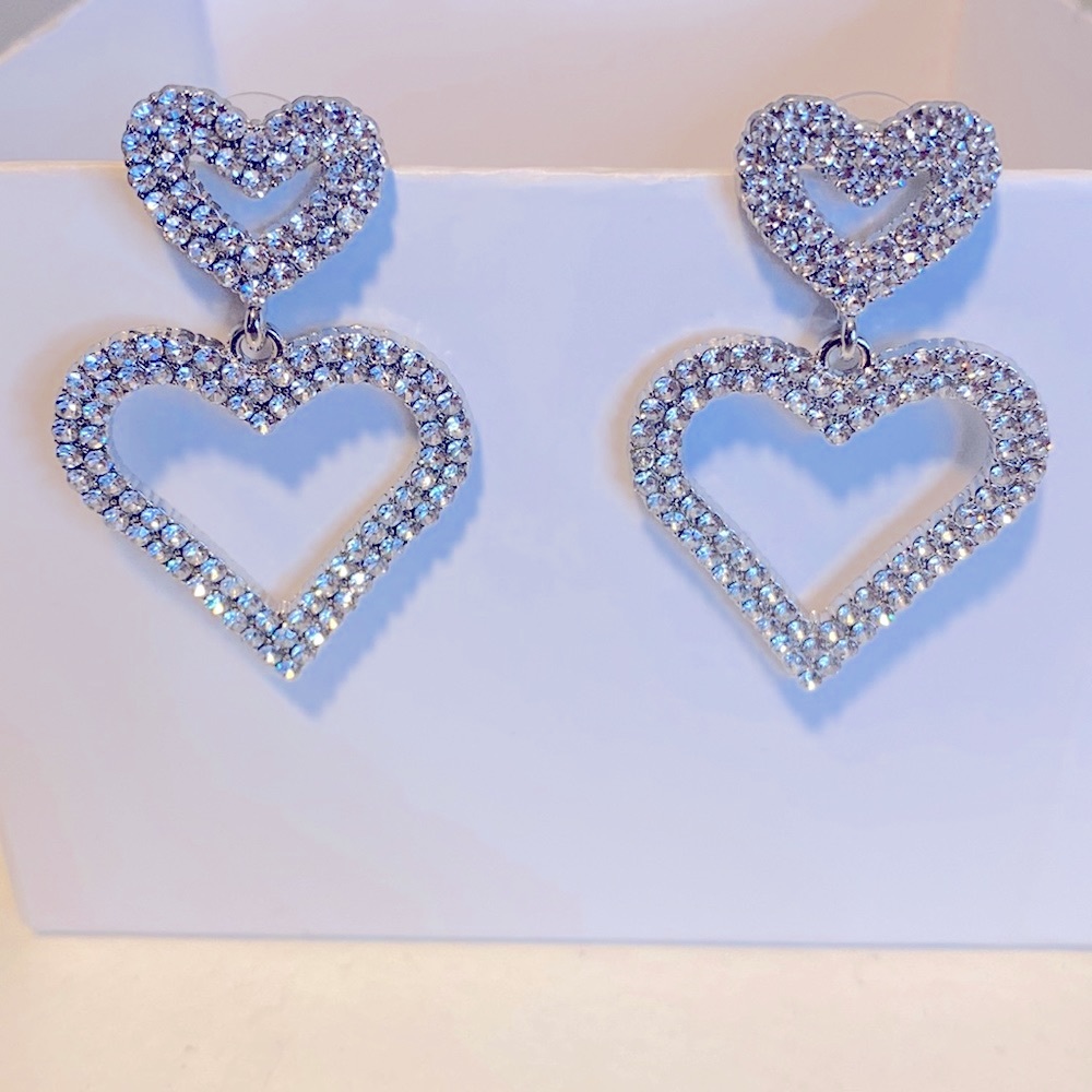 Double Heart Dangle Earrings – Elegant Crystal Rhinestone Jewelry